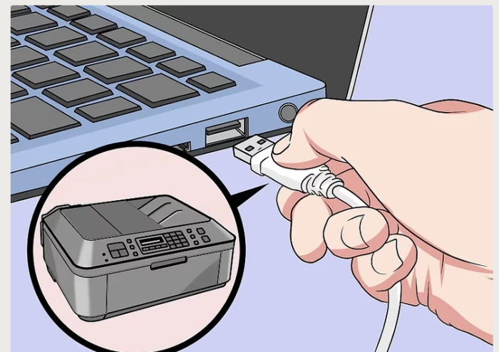 Берем USB-кабель принтера, вставляем его в свободный работающий USB-порт ноутбука
