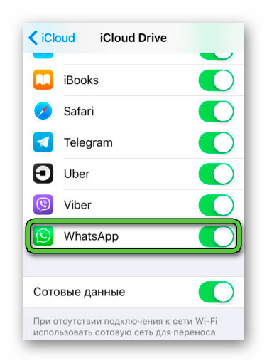 Включение WhatsApp в настройках iCloud Drive